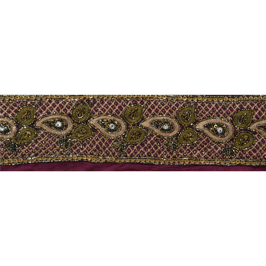 Sanskriti Vintage 1 Yd Sari Border Hand Beaded Craft Trim Sewing Purple Lace