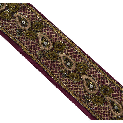 Sanskriti Vintage 1 Yd Sari Border Hand Beaded Craft Trim Sewing Purple Lace