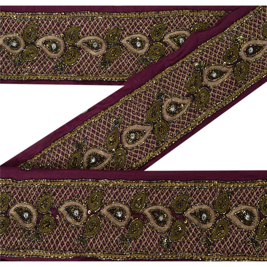 Sanskriti Vintage 1 Yd Sari Border Hand Beaded Craft Trim Sewing Purple Lace
