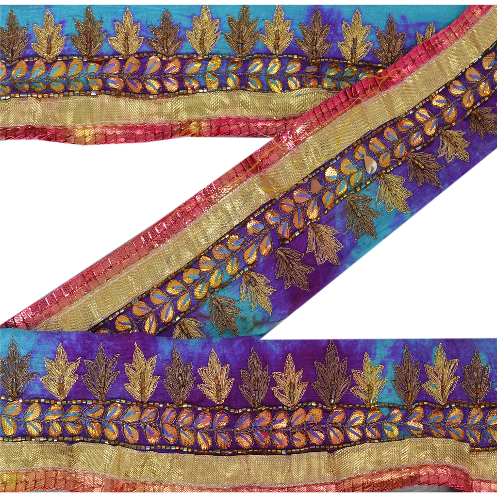 Sanskriti Vintage 1 Yd Tie & Dye Sari Border Hand Beaded Trim Craft Blue Lace
