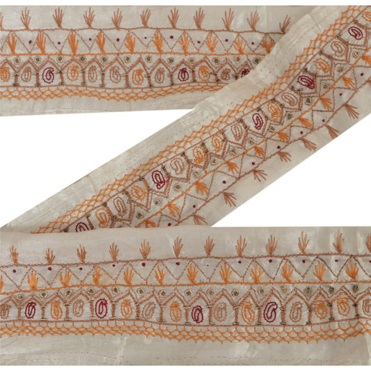 Sanskriti Vintage 1 Yd Sari Border Hand Beaded Craft Trim Sewing White Lace