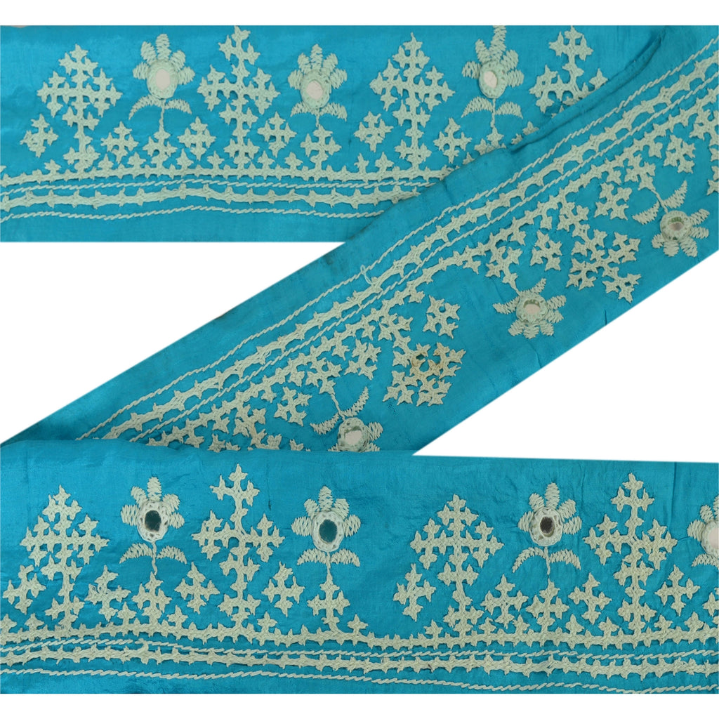 Sanskriti Vintage 1 Yd Sari Border Antique Hand Embroidered Kutch Work Blue Lace