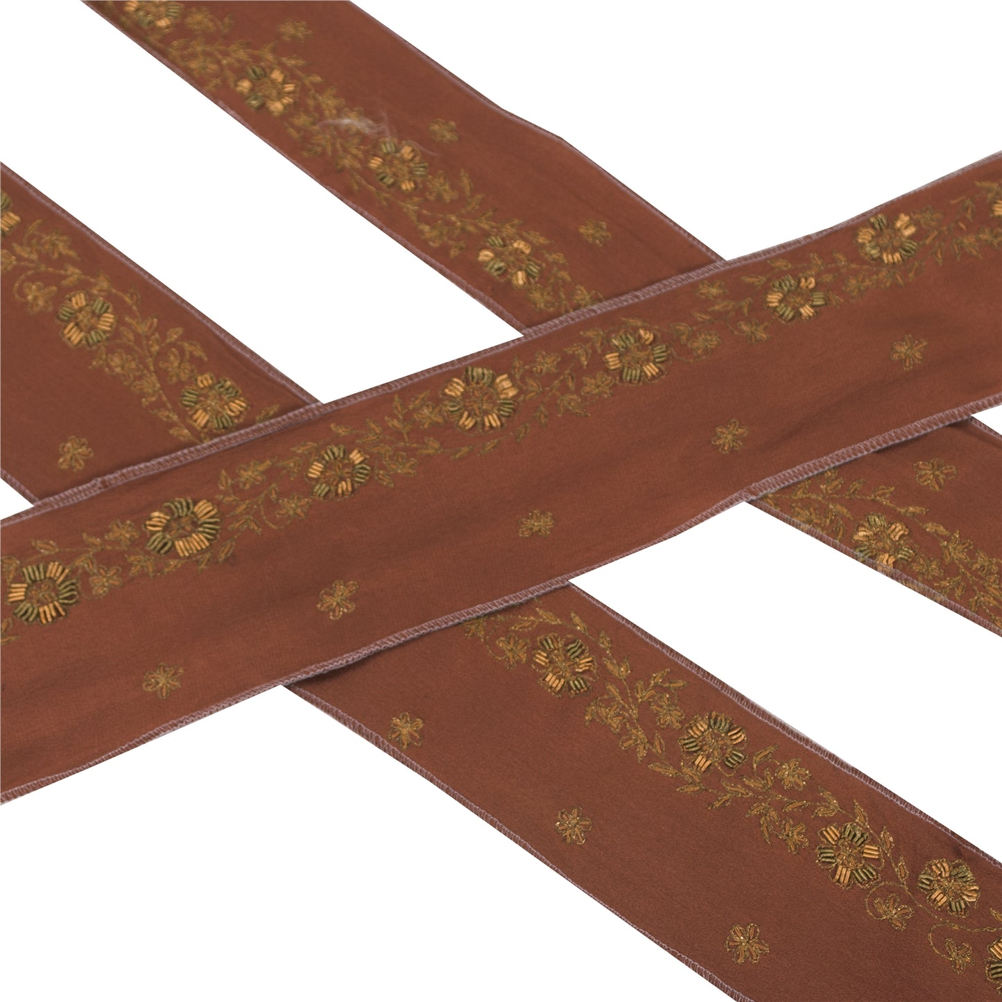 Sanskriti Vintage 1 YD Sari Border Hand Embroidery Zardozi Brown Craft Trim Lace