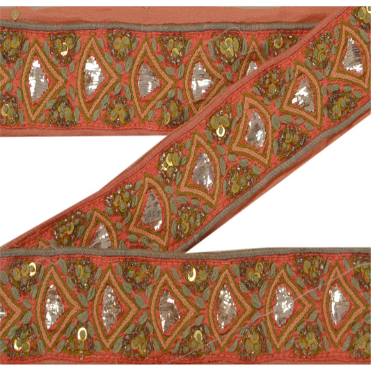 Sanskriti Vintage 1 Yd Sari Border Hand Beaded Craft Trim Ribbon Peach Lace