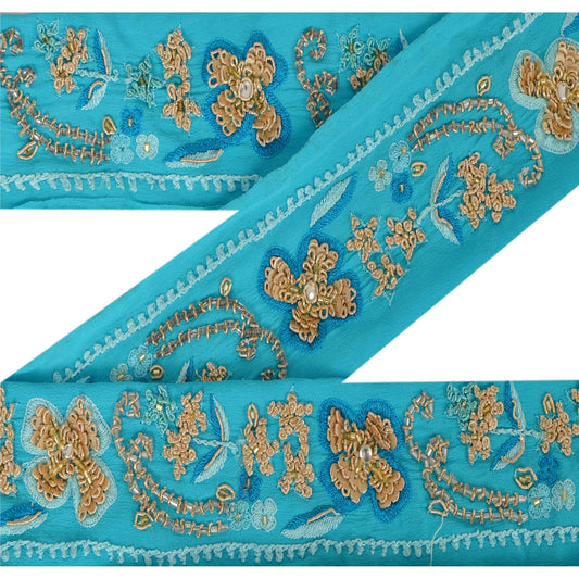 Sanskriti Vintage 1 YD Sari Trim Border Hand Beaded Sewing Blue Craft Decor Lace
