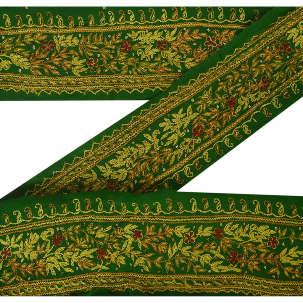 Sanskriti Vintage 1 YD Sari Trim Border Hand Embroidered Sewing Craft Green Lace
