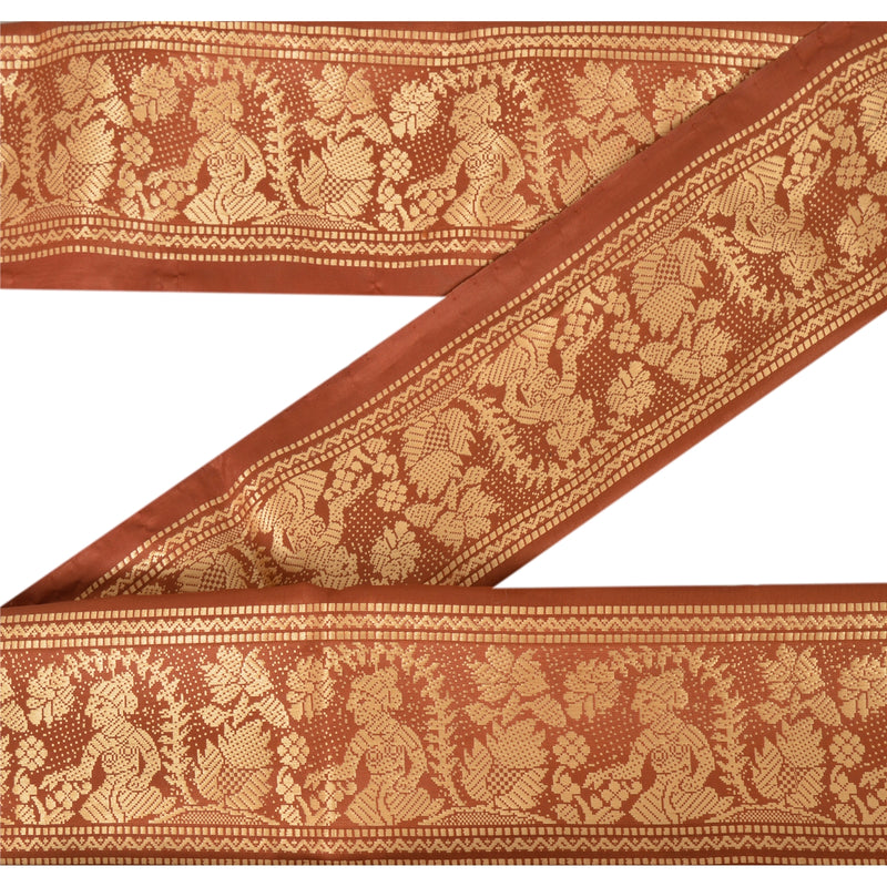 Sanskriti Vintage 1 Yd Saree Border Woven Baluchari Craft Sarees Pure Silk Flora & Leaf Trim Sewing Brown 2.5W Sari Lace upholstery fabric