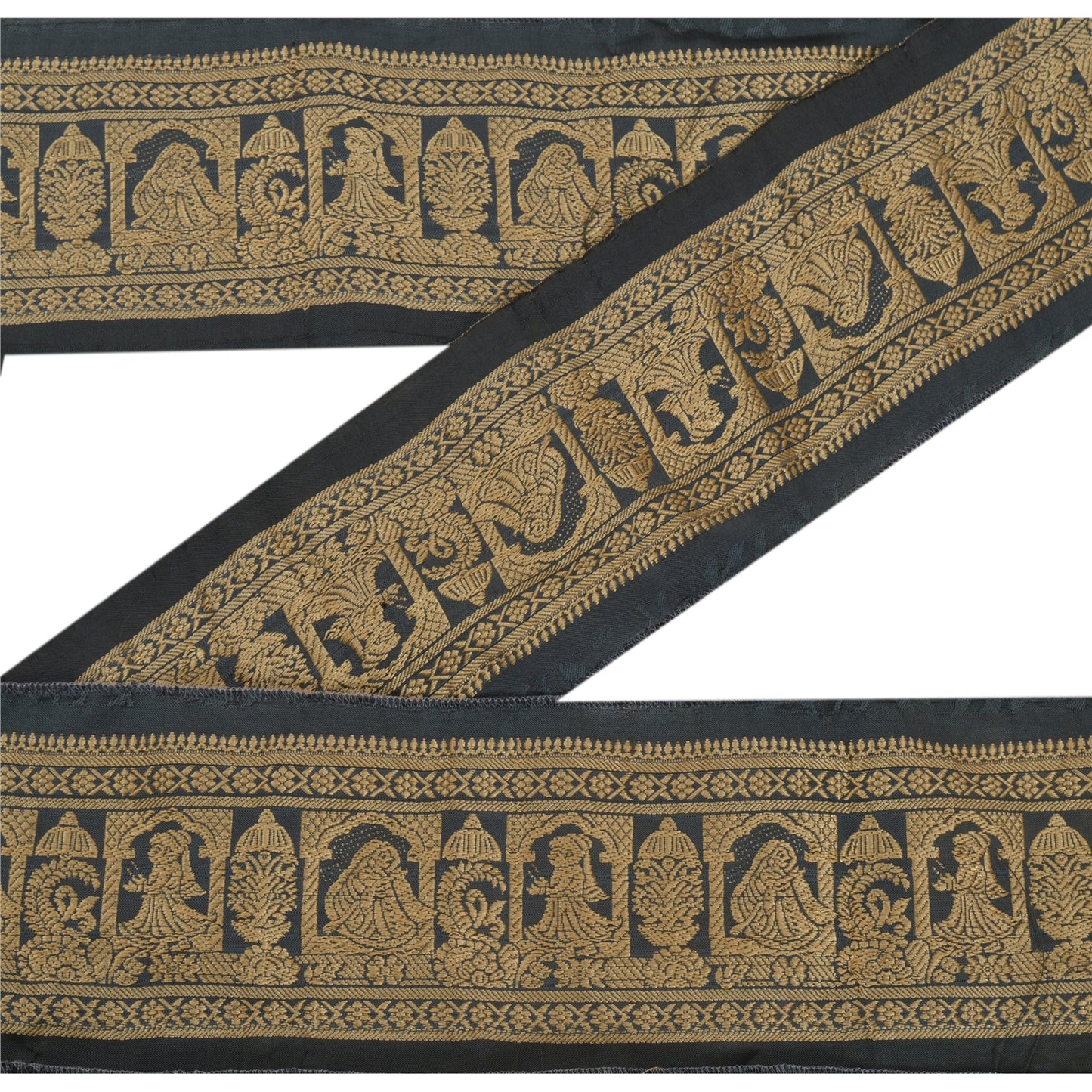 Sanskriti Vintage 1 YD Sari Border Woven Baluchari Trim Grey Craft Lace