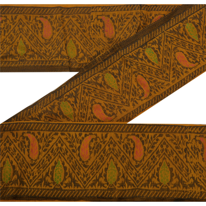 Sanskriti Vintage Saffron Pure Silk Sari Border: Woven Indian Craft Trim, Paisley Floral Lace upholstery fabric