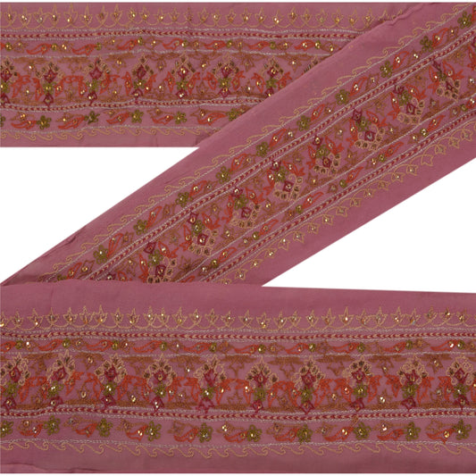 Sanskriti Vintage 1 YD Sari Border Hand Beaded Trim Sewing Pink Craft Lace