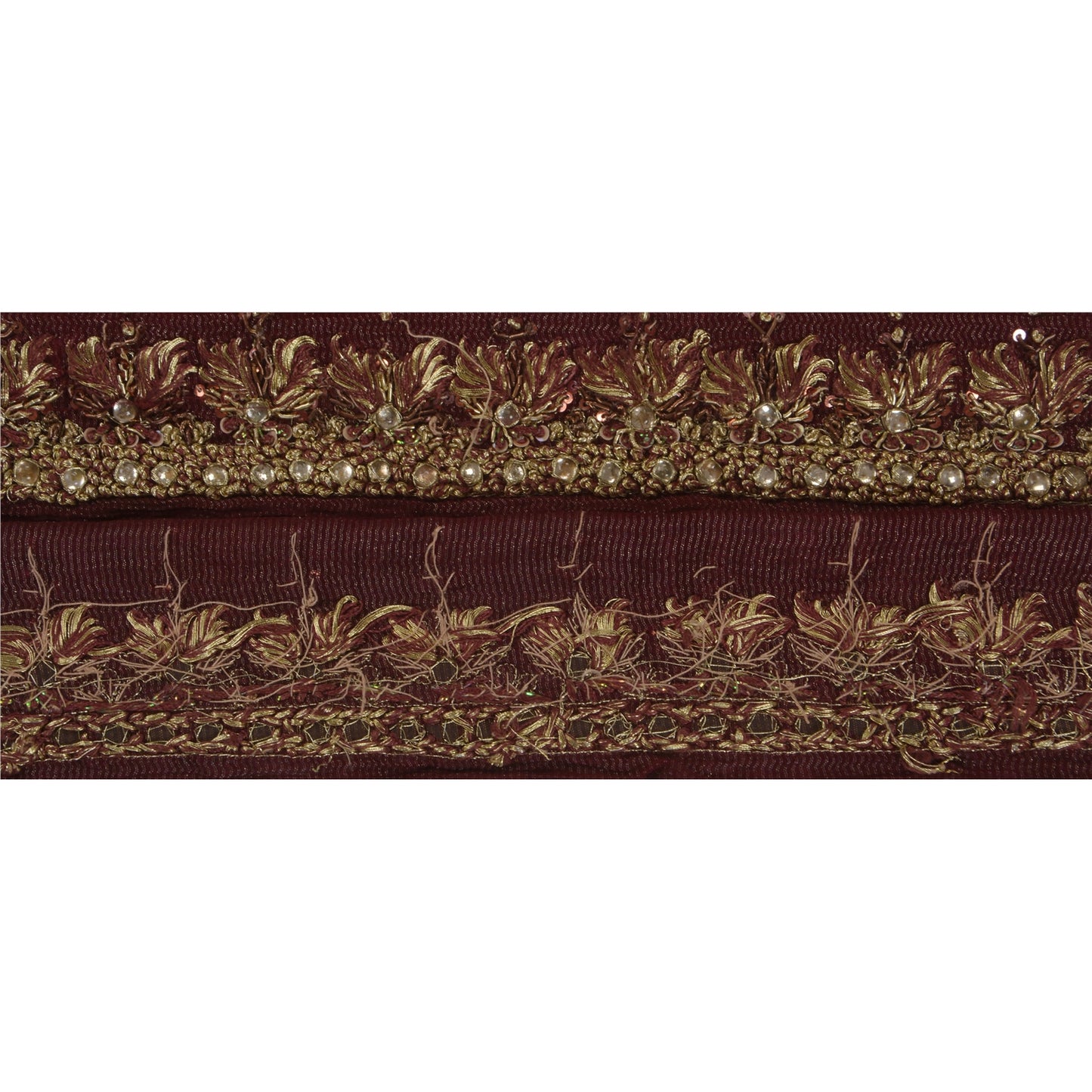 Sanskriti Vintage 1 YD Sari Border Hand Beaded Woven Sewing Brown Craft Lace