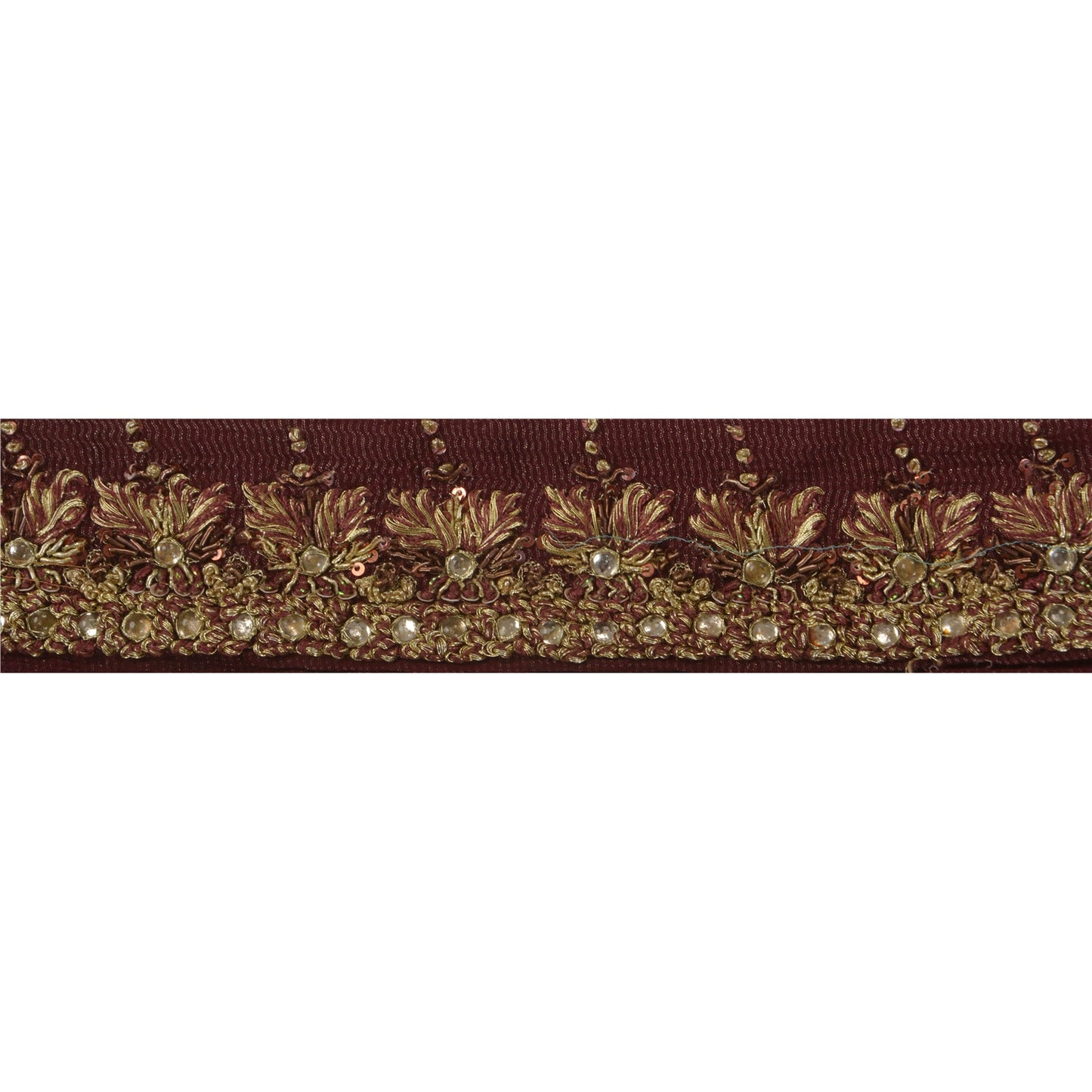 Sanskriti Vintage 1 YD Sari Border Hand Beaded Woven Sewing Brown Craft Lace