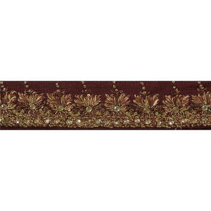 Sanskriti Vintage 1 YD Sari Border Hand Beaded Woven Sewing Brown Craft Lace