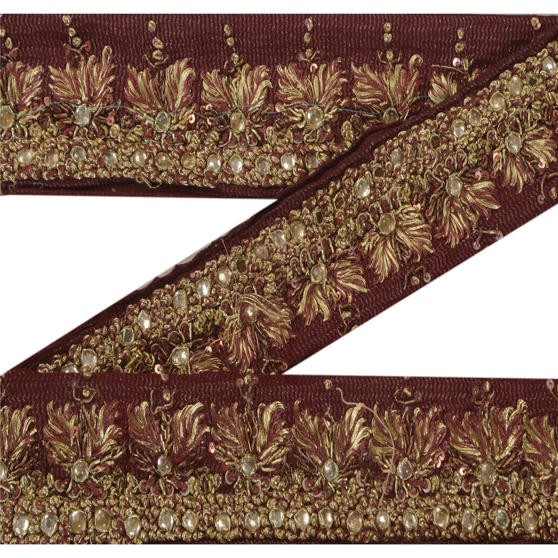 Sanskriti Vintage 1 YD Sari Border Håndperlet Vævet Syarbejde Brun Håndværksblonder