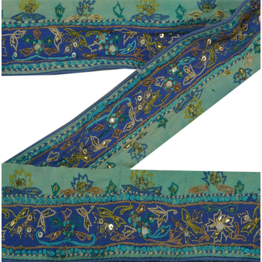 Sanskriti Vintage 1 Yd Sari Border Hand Beaded Trim Sewing Green Craft Lace