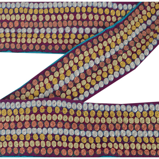 Санскрити Винтаж 1 ярд сари кайма антикварная вышитая швейная ручная работа фиолетовое кружево