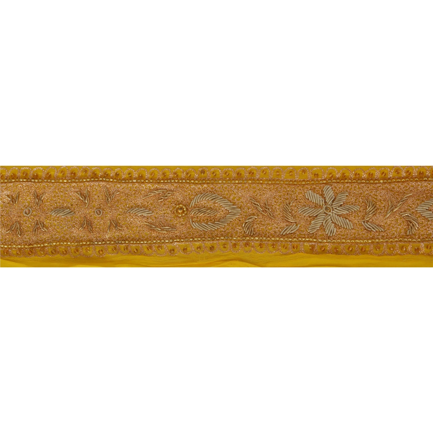 Sanskriti Vintage 1 YD Sari Border Hand Beaded Craft Sewing Yellow Zardozi Lace