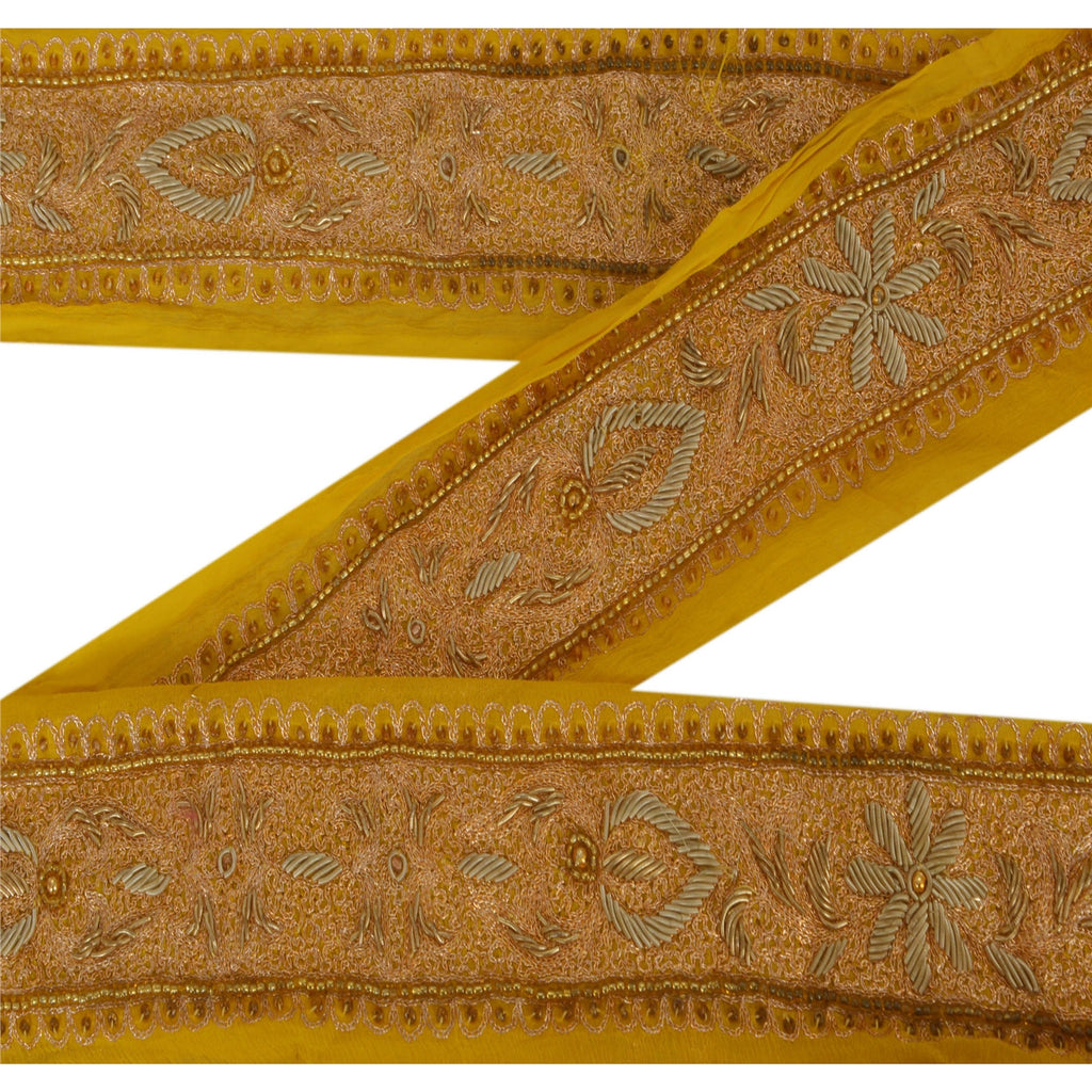 Sanskriti Vintage 1 YD Sari Border Hand Beaded Craft Sewing Yellow Zardozi Lace