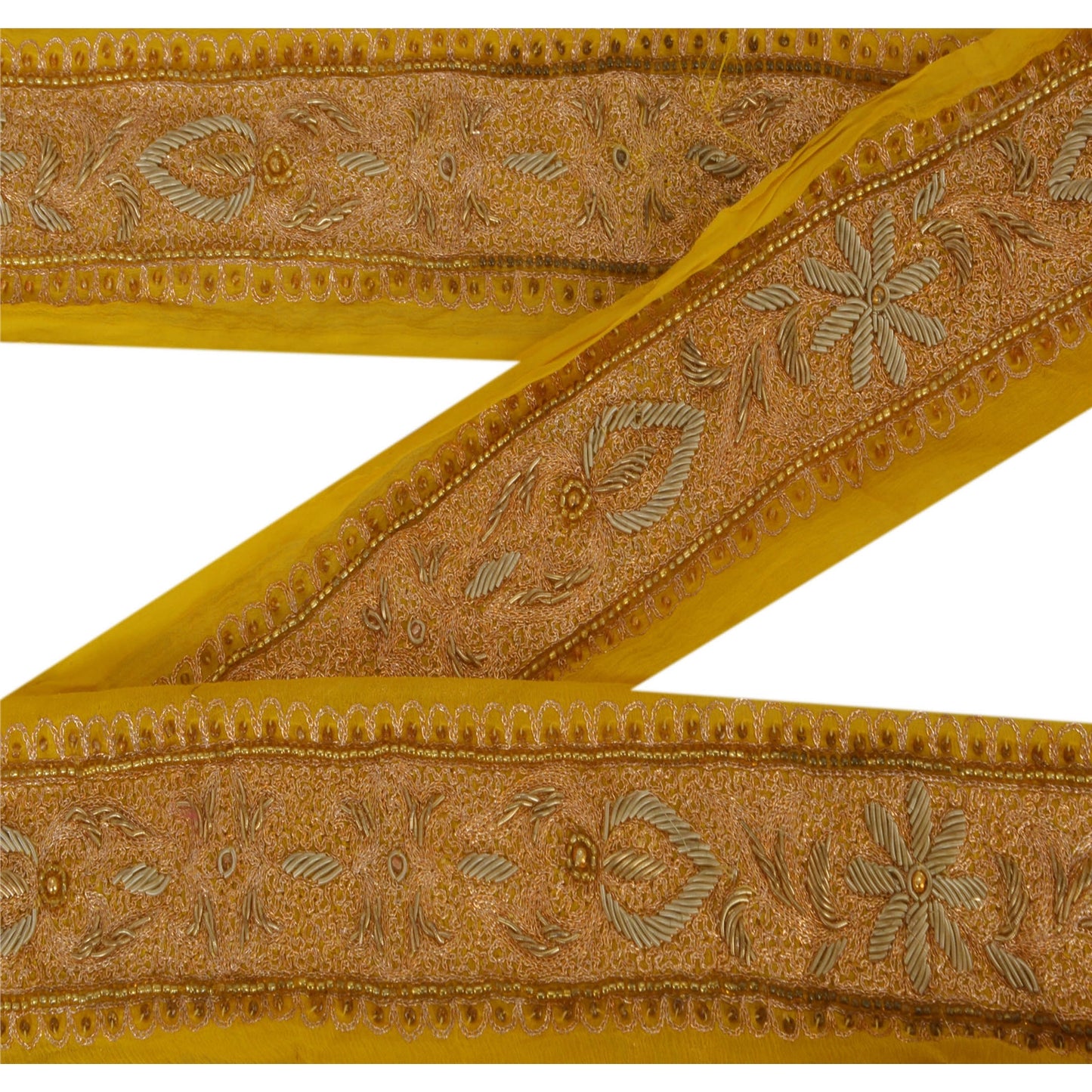Sanskriti Vintage 1 YD Sari Border Hand Beaded Craft Sewing Yellow Zardozi Lace