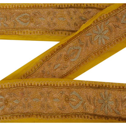 Sanskriti Vintage 1 YD Sari Border Hand Beaded Craft Sewing Yellow Zardozi Lace