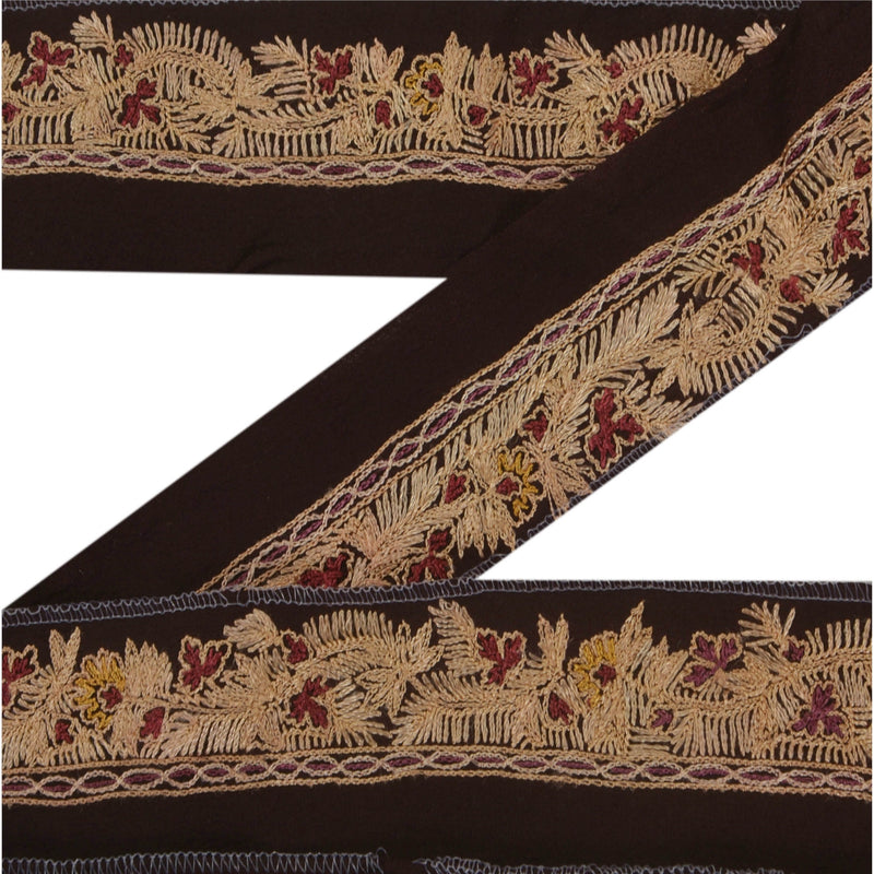 Sanskriti Vintage Hand Embroidered Silk Sari Border: Vintage Zardozi Ribbon, Dark Brown, 1 Yard upholstery fabric