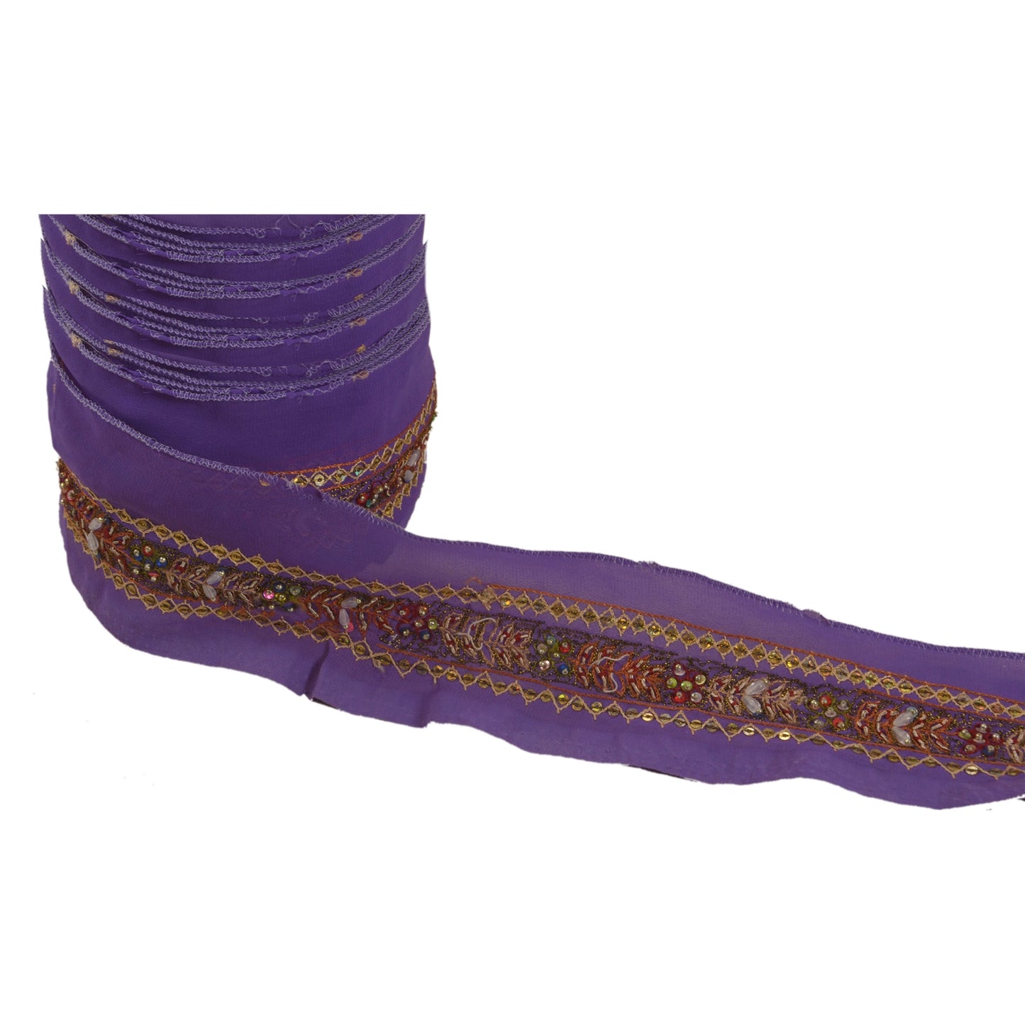 Sanskriti Vintage 1YD Sari Border Hand Beaded Trim Zardozi Purple Sequins Lace