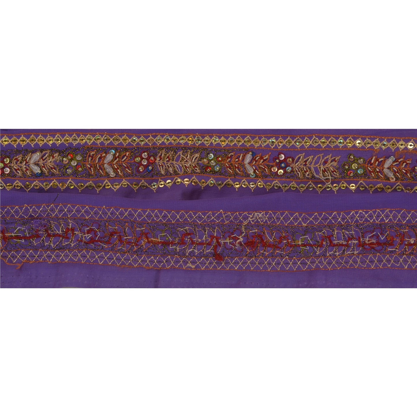 Sanskriti Vintage 1YD Sari Border Hand Beaded Trim Zardozi Purple Sequins Lace