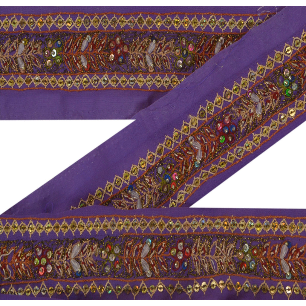 Sanskriti Vintage 1YD Sari Border Hand Beaded Trim Zardozi Purple Sequins Lace