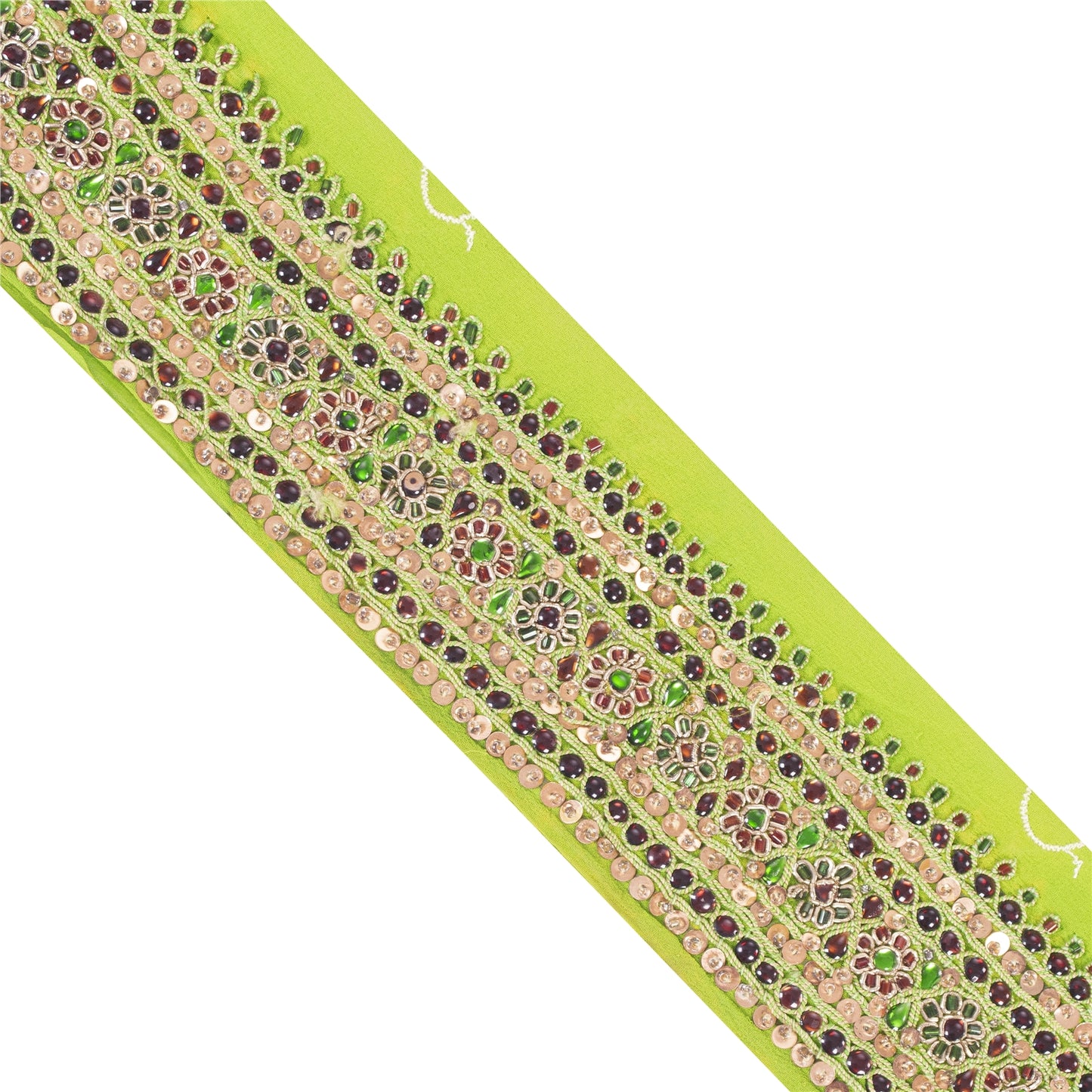 Sanskriti Vintage 1YD Sari Border Hand Beaded Zari Trim Sewing Green Kundan Lace