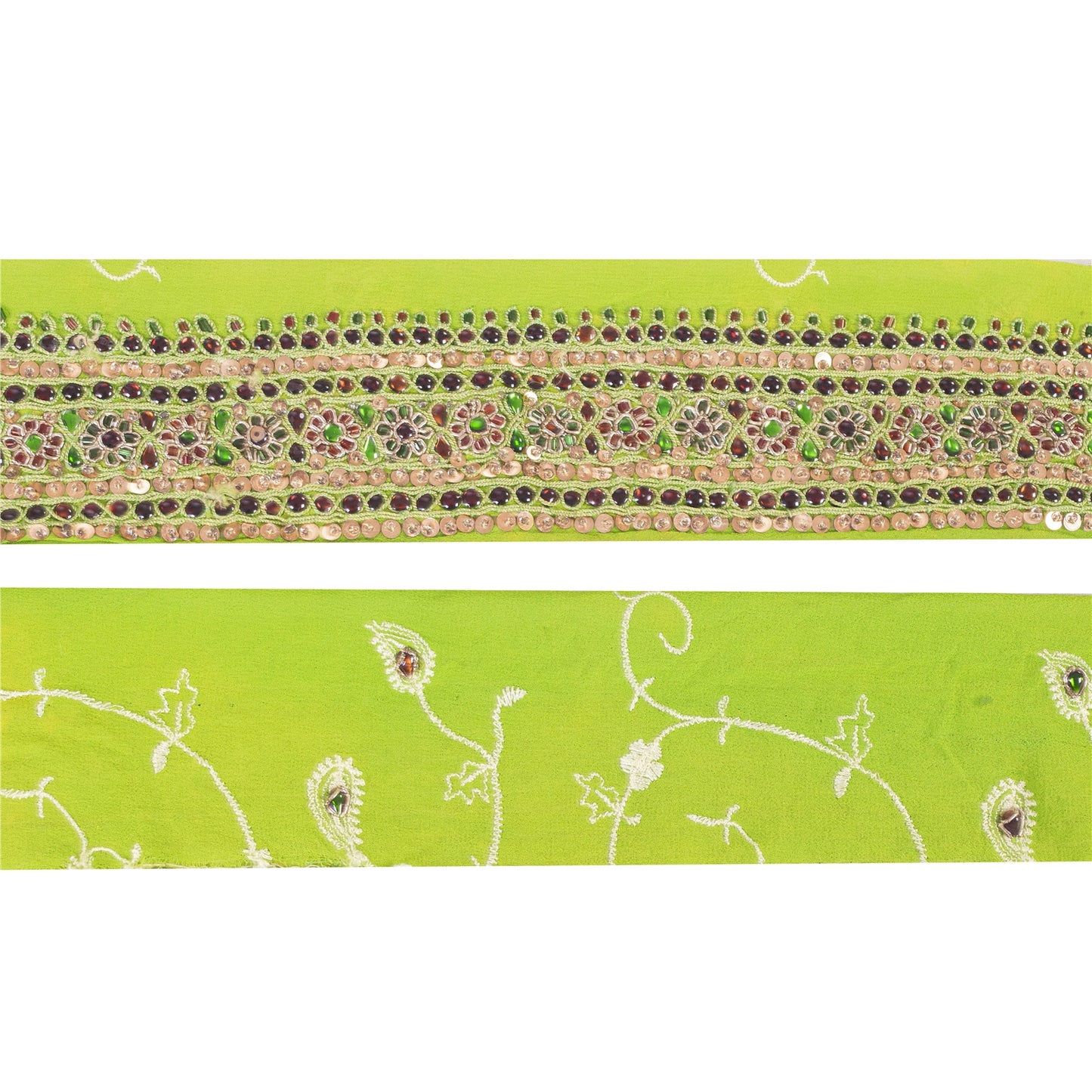 Sanskriti Vintage 1YD Sari Border Hand Beaded Zari Trim Sewing Green Kundan Lace