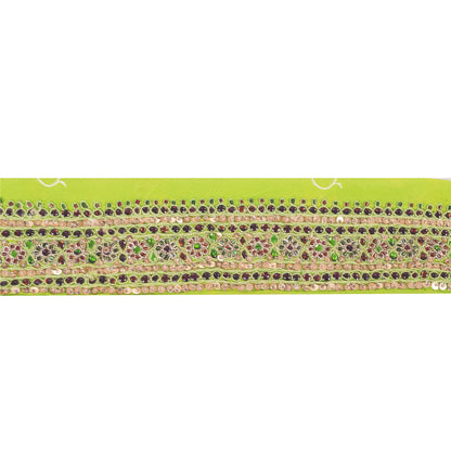 Sanskriti Vintage 1YD Sari Border Hand Beaded Zari Trim Sewing Green Kundan Lace