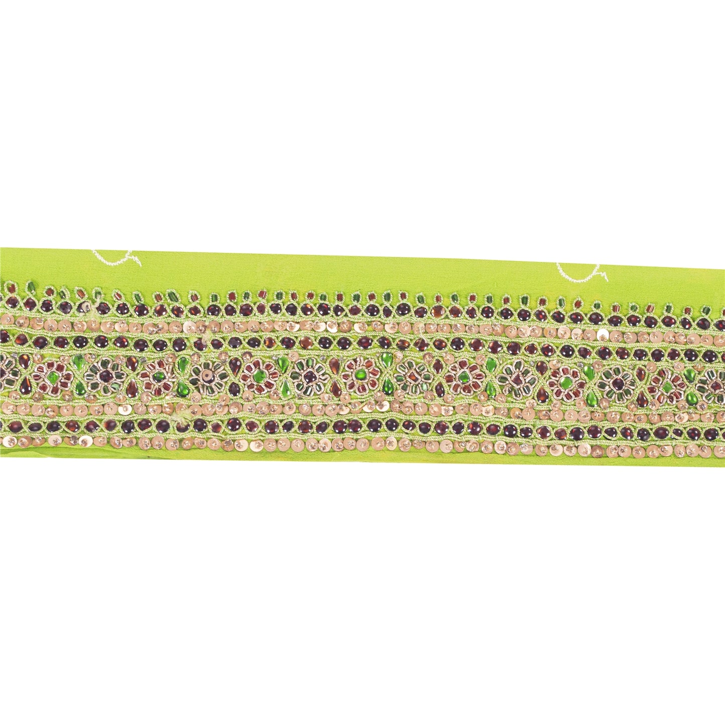 Sanskriti Vintage 1YD Sari Border Hand Beaded Zari Trim Sewing Green Kundan Lace