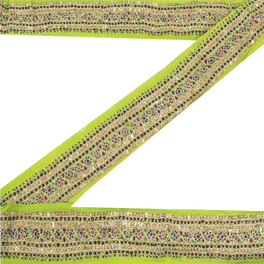 Sanskriti Vintage 1YD Sari Border Hand Beaded Zari Trim Sewing Green Kundan Lace