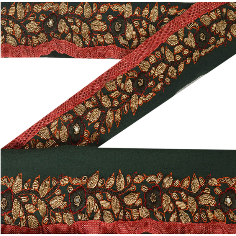 Sanskriti Vintage 1 Yd Sari Border Antique Hand Beaded Trim Ribbon Green Lace