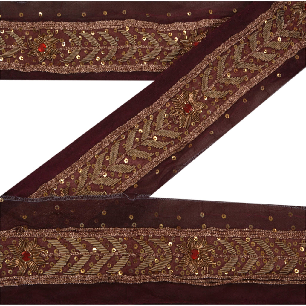 Sanskriti Vintage 1 Yd Sari Border Antique Hand Beaded Craft Ribbon Wine Lace