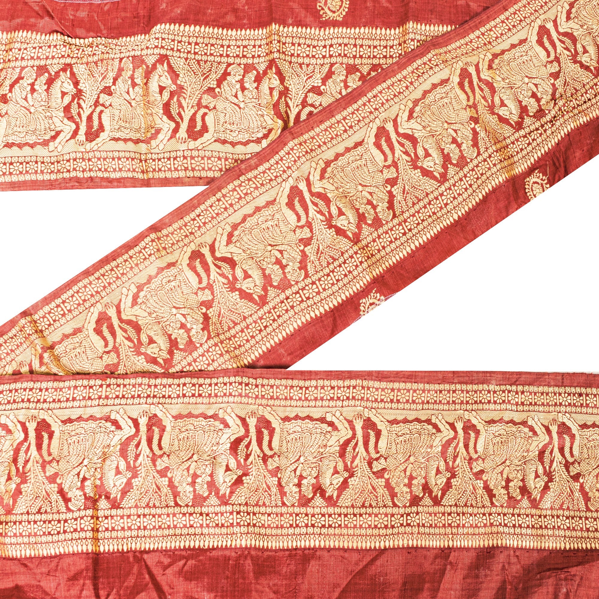 Sanskriti Vintage 1 Yard Saree Border Dark Red Human Woven Baluchari SareesTrim Sewing Lace 4.2W Pure Silk Sari Ribbon
