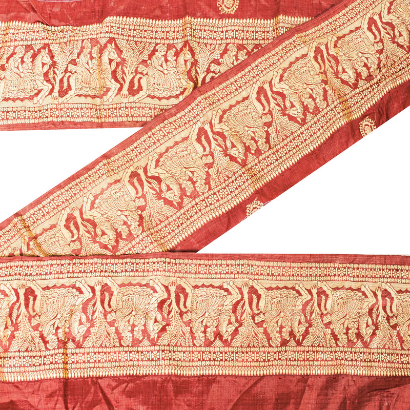 Sanskriti Vintage 1 Yard Saree Border Dark Red Human Woven Baluchari SareesTrim Sewing Lace 4.2W Pure Silk Sari Ribbon upholstery fabric