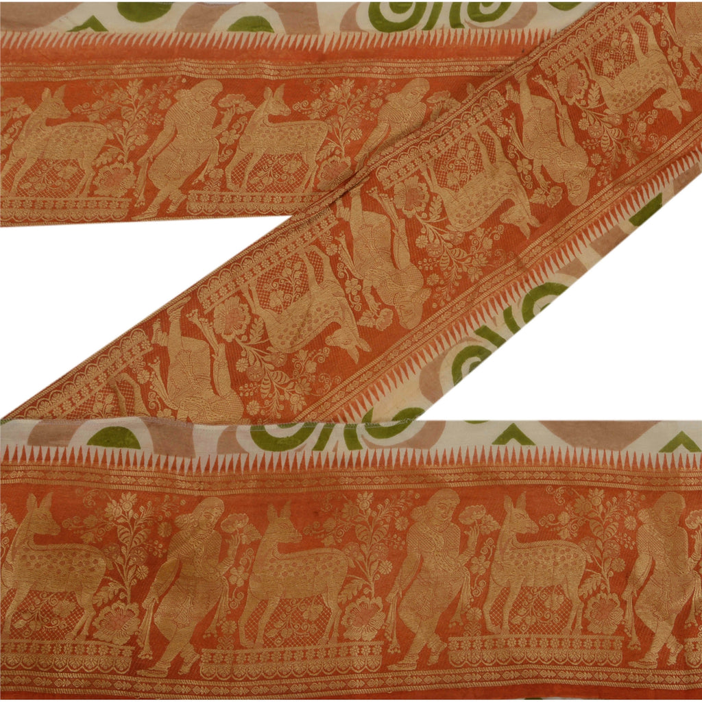 Sanskriti Vintage 1 YD Sari Border Woven Baluchari Trim Sewing Craft Orange Lace