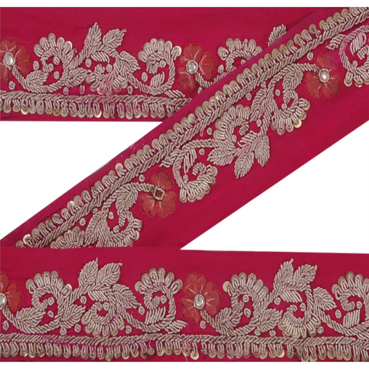 Sanskriti Vintage 1 Yd Sari Border Hand Beaded Craft Ribbon Pink Kundan Lace