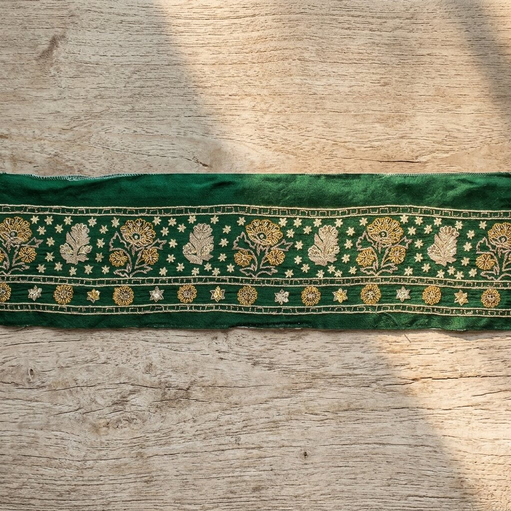 Sanskriti Vintage Green Pure Crepe 1 YD Sari Border Hand Embroidered Trim Lace