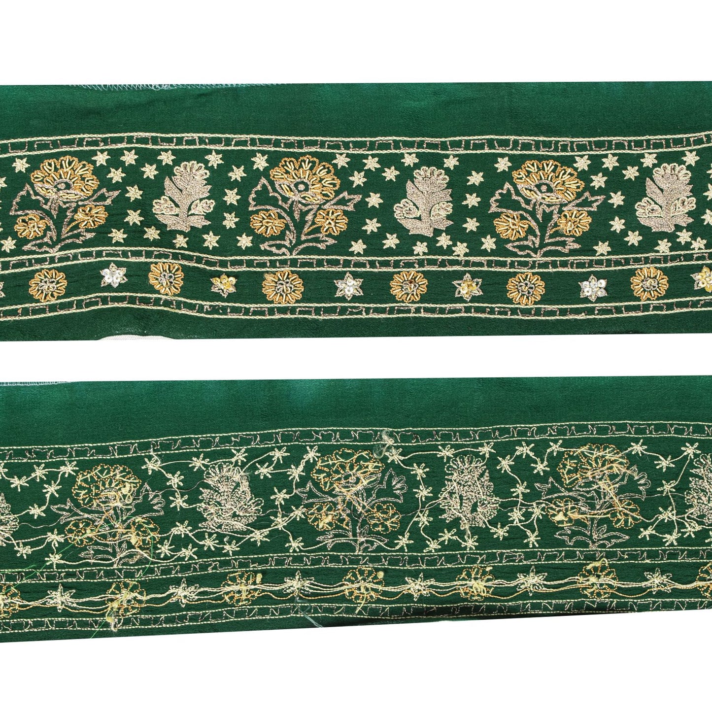 Sanskriti Vintage Green Pure Crepe 1 YD Sari Border Hand Embroidered Trim Lace