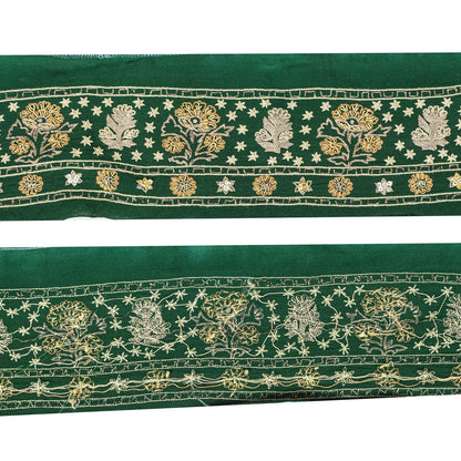 Sanskriti Vintage Green Pure Crepe 1 YD Sari Border Hand Embroidered Trim Lace