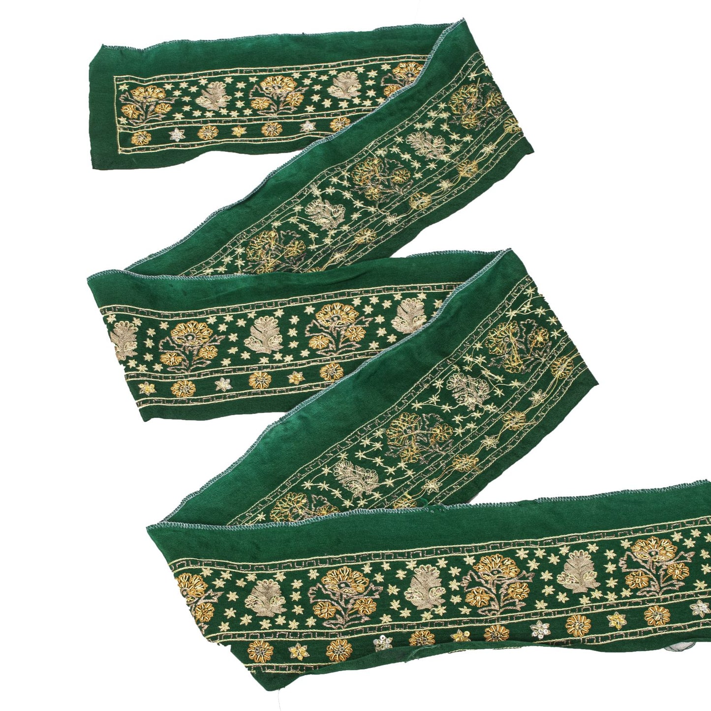 Sanskriti Vintage Green Pure Crepe 1 YD Sari Border Hand Embroidered Trim Lace