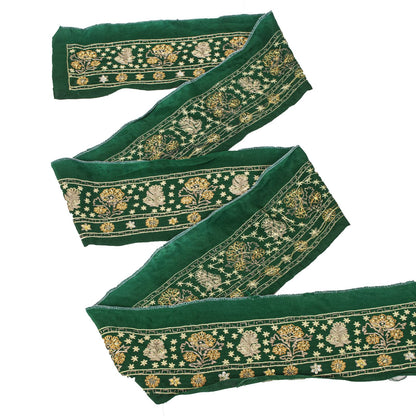 Sanskriti Vintage Green Pure Crepe 1 YD Sari Border Hand Embroidered Trim Lace
