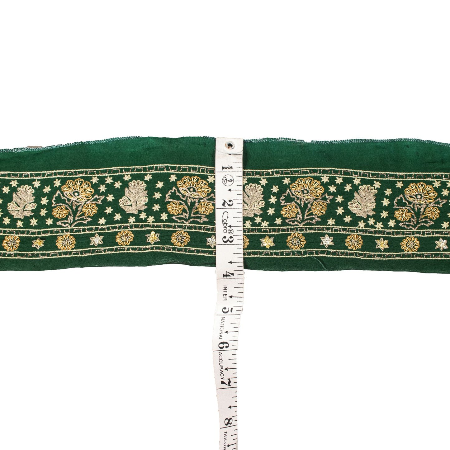 Sanskriti Vintage Green Pure Crepe 1 YD Sari Border Hand Embroidered Trim Lace