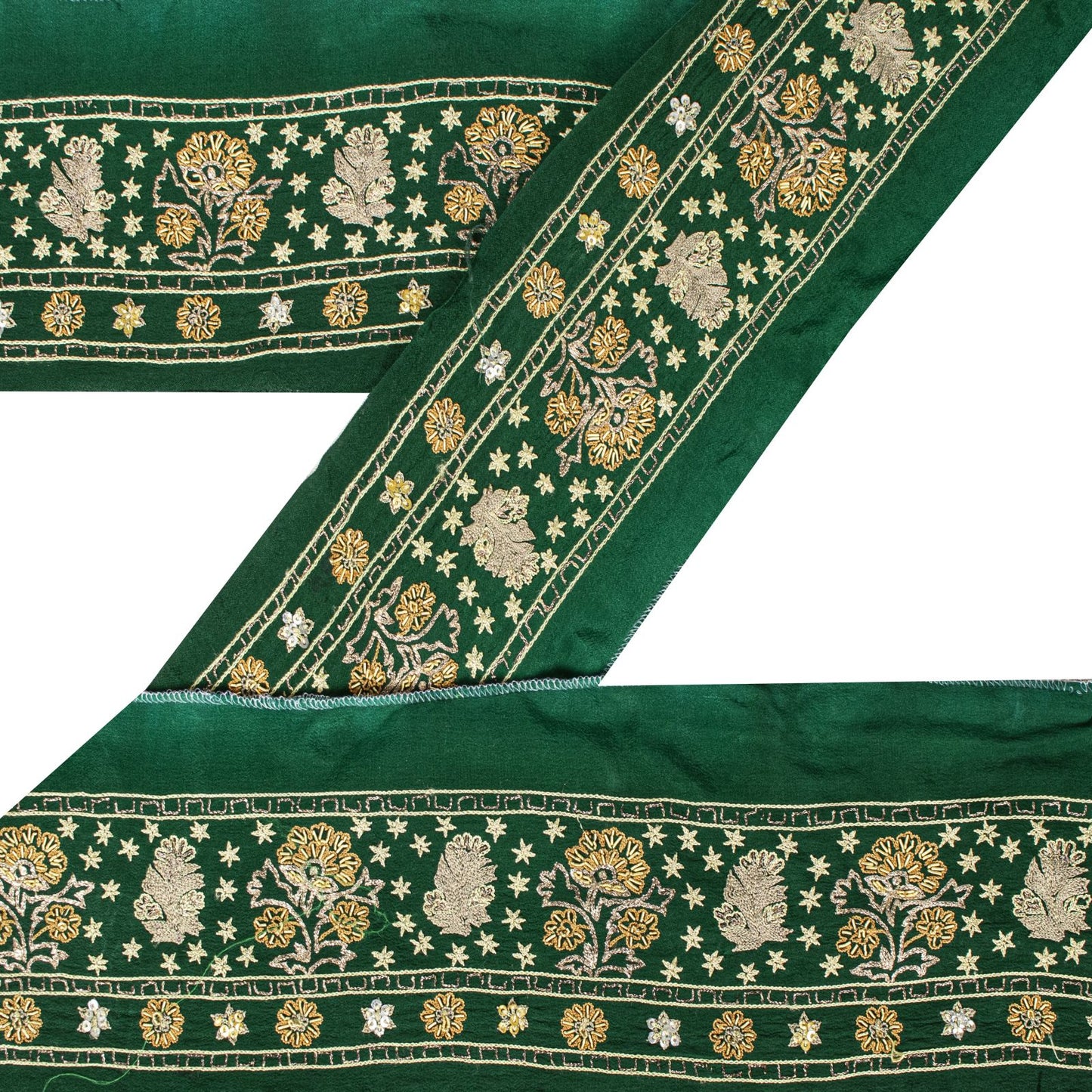 Sanskriti Vintage Green Pure Crepe 1 YD Sari Border Hand Embroidered Trim Lace