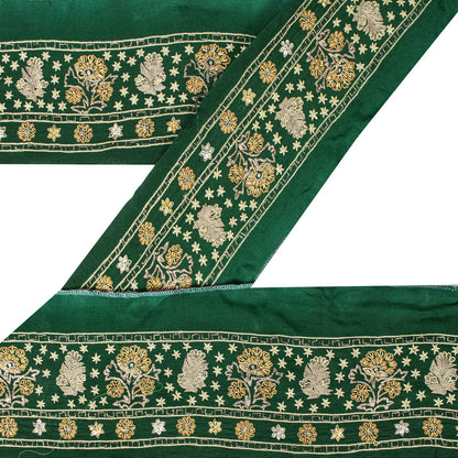 Sanskriti Vintage Green Pure Crepe 1 YD Sari Border Hand Embroidered Trim Lace