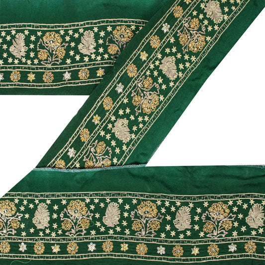 Sanskriti Vintage Green Pure Crepe 1 YD Sari Border Hand Embroidered Trim Lace