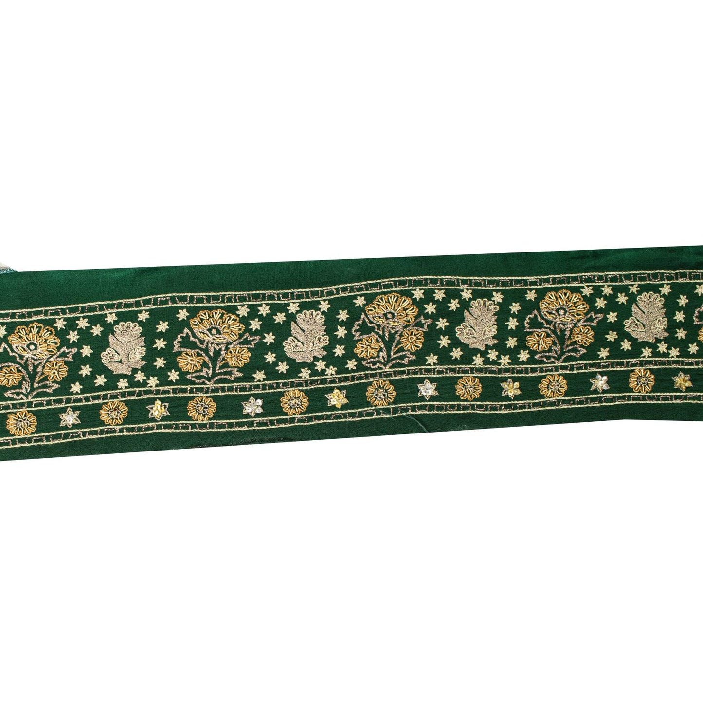 Sanskriti Vintage Green Pure Crepe 1 YD Sari Border Hand Embroidered Trim Lace