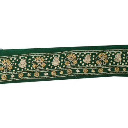 Sanskriti Vintage Green Pure Crepe 1 YD Sari Border Hand Embroidered Trim Lace